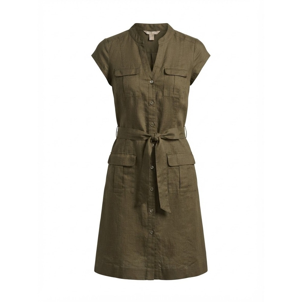 Banana Republic Safari Shirt Dress Women 8 Olive Green Belted Linen Excellent